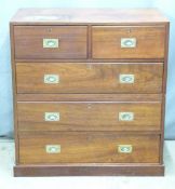 19th or early 20thC teak campaign chest of two over three drawers with inset brass handles, W92 x
