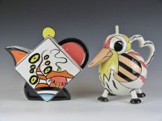 Lorna Bailey teapot decorated in Oakdene pattern and a novelty bird example, tallest 22cm
