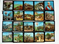 Four boxes of coloured lantern slides 'The Boer War' including Relief of Mafeking and entry into