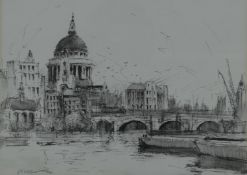 Edward Wesson (1910-1983) pen and ink study 'St. Paul's Cathedral' London with the Thames to