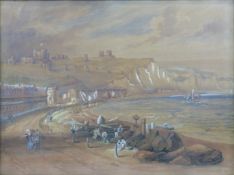 19thC watercolour of Dover depicting the town with beach, boat coming in and castle and cliffs