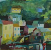 Richard Tuff (b1965) gouache Cornish village scene, signed lower left, 27 x 27, in part gilt frame