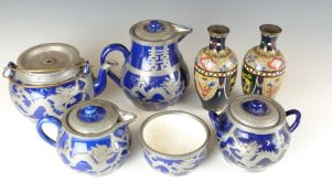 Chinese pewter mounted tea set decorated with dragons and a pair of cloisonné vases, H15cm