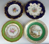 Four Royal Crown Derby cabinet plates including a reticulated example with landscape scene 'View