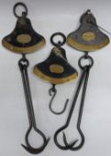 Three Salter quadrant balances, to weigh 56lb, 112lb and 200lb, two having sack or similar hooks