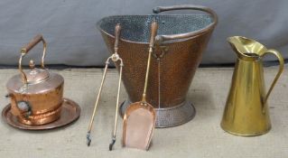 A copper coal scuttle, kettle etc