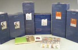 Six Parastone figures Gustav Klimt, together with Beatles badges, postcards and cassette