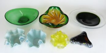 Seven pieces of Murano and similar green, blue and yellow glassware including handkerchief vases,