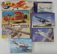 Seven plastic model aeroplane kits including Airfix Same Day Flyers, Heller, MPM, Nichimo etc, all