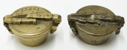 Two runs of continental nesting cup weights, one marked 1757 and numbered 8, the other also marked 8