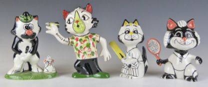 Four Lorna Bailey cat figures comprising a prototype Darts figure, Golf, Tennis and Cricket, tallest