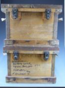 Two metal bound wooden expedition trunks/boxes by Venesta Boxes and Barrels, with 'Oxford University