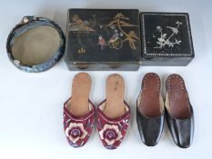 Two pairs of Chinese shoes, two Chinese boxes with mother of pearl inlay, a lacquer box and a