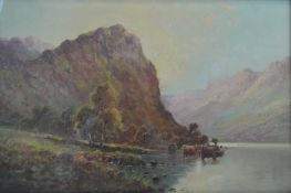 L Richards oil on canvas Highland loch scene with cattle watering, signed lower left, 39 x 60cm,