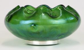 Loetz Rusticana green glass bowl with white metal rim, 17cm in diameter.