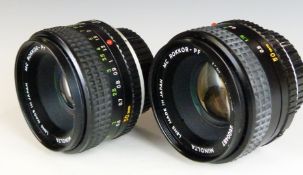 Two Minolta Rokkor 50mm 1:1.7 SLR camera lenses