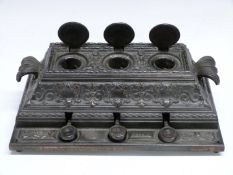 Salter patent cast iron triple inkwell with buttons marked black, red and copy each operating the