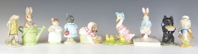 Nine Beswick Beatrix Potter figures including Pig Wig, Duchess With Pie, Amiable Guinea-Pig, Peter