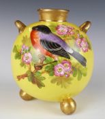 Royal Worcester porcelain twin handled vase with bird decoration, raised on ball feet, H8.5cm