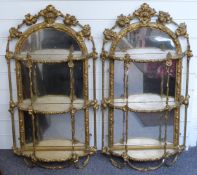 A pair of 19thC gilt display or pier mirrors with three shelves and swag decoration, W48 x H90cm