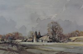 Rowland Hilder (1905-1993) signed print of an oast house in autumnal landscape, 40 x 60cm, in gilt
