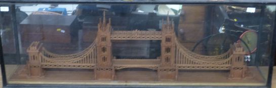 19thC fretwork model of Tower Bridge in glazed cabinet, L144 x D29 x H49cm