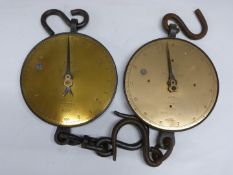 Two Salter No20T spring balances with circular brass dials, both to weigh 200lb, one also calibrated