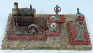 Mamod SE2 live steam engine on base together with line shaft, power press and buffing wheel