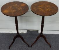 A pair of walnut marquetry circular wine tables, diameter 37 x H75cm