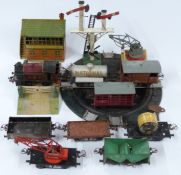 Fourteen Hornby 0 gauge model railway locomotives, wagons, buildings and accessories including LMS