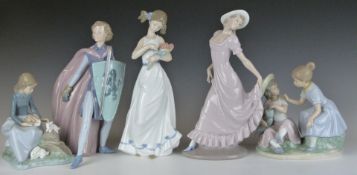 Five Nao figures including a knight with shield and sword, tallest 27cm