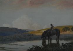 Joseph Kirkpatrick (1872-1936) watercolour 'Close of Day' pair of heavy horses and rider watering at