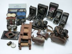Collectable cameras and accessories including Voigtlander, Kodak and Klimax folding camera, opera or