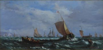 William Anslow Thornley (1847-1907) maritime oil on canvas boats at sea with cliffs beyond, signed