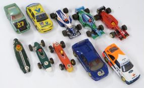 Nine Tri-ang and Hornby Scalextric model motor racing cars including BRM, Porsche etc.