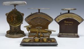 Four sets of postage scales comprising Salter No30 2lb with rates to front, Autoway 16oz with
