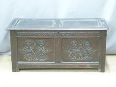 19thC carved oak coffer, W120 x D53 x H58cm