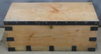 Metal bound pine trunk, W92 x D42 x H37cm