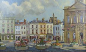 Margaret Peach RSA (20thC) oil on canvas market place and town hall Kelso, Scotland, signed lower