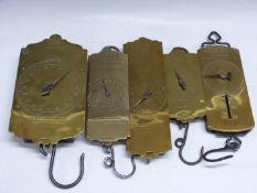 Five Salter spring balances comprising two No 60T 20lb, No 60T Mk II 20lb, Class II 40lb and 30lb