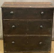 Stained pine chest of three drawers, W91 x D46 x H92cm