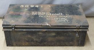 A military style metal trunk with twin drop handles, W102cm