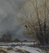 Simon Trinder (British contemporary) watercolour of a woodcock in flight in winter landscape, 32 x
