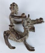 African tribal Baule bronze equestrian figure with drum around the neck of the horse, H6cm