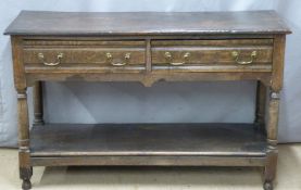 Antique style oak dresser with two drawers and shelf below, W124 x D44 x H77cm