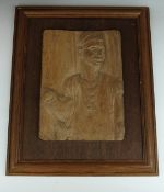 African carved plaque of shepherd with sheep, 38 x 27cm