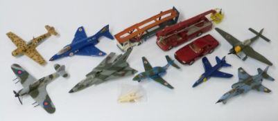 Eleven Corgi, Dinky and Husky diecast model vehicles including Phantom II jet, Hawker Hurricane Mk