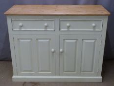 Pine kitchen sideboard the painted base with two drawers above two cupboards, W118 x D49 x H91cm