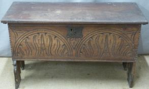 17th/18thC elm coffer with carved decoration, W99 x D42 x H58cm