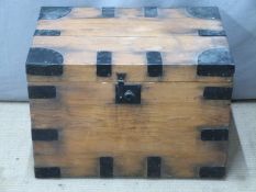 A metal bound pine travelling box / trunk, W62 x D40 x H42cm